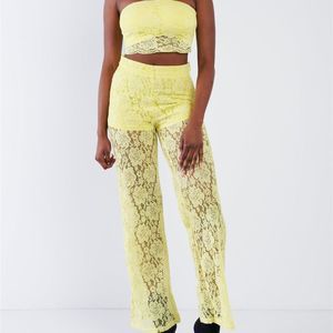 Yellow Floral Lace Bandeau & Flare High Waist Boho Pant Set